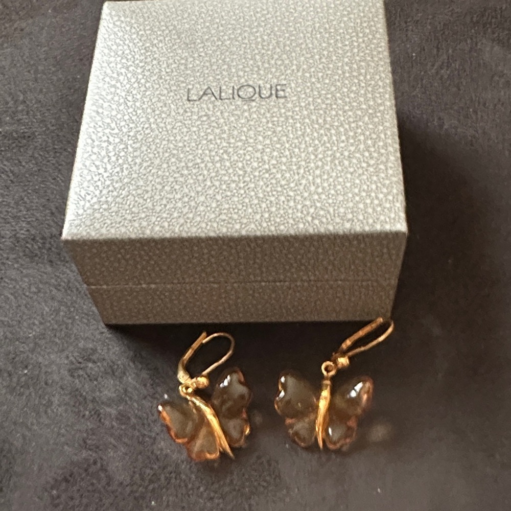 Lalique Amber-Toned Butterfly Drop Earrings with Gold Accents